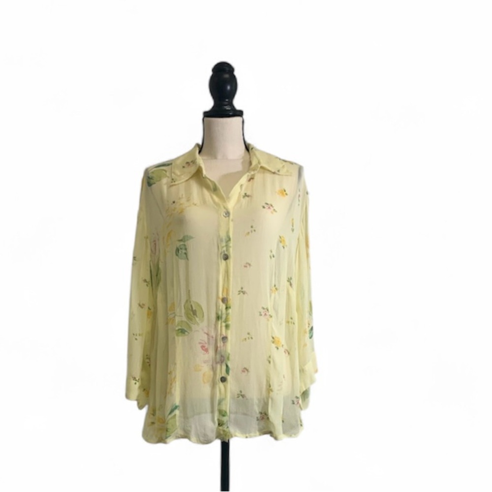 Together Blouse Women’s Plus Size 16W – 100% Rayon – Yellow Floral Print Top –
